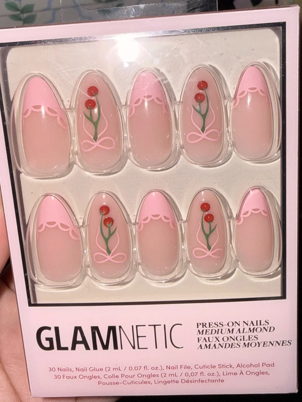 GLAMnetic “Cherry Bow” Pink Cherry Print with Lace French Tip Press-On Nails